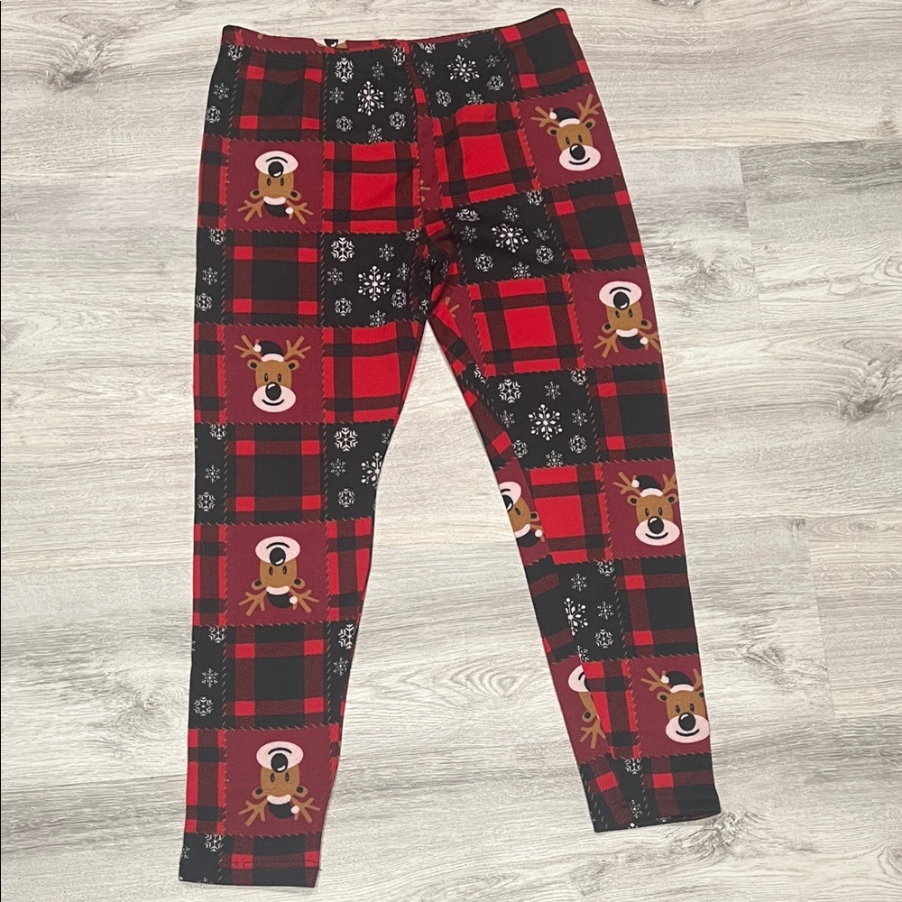 Women's Red and Black Plaid Reindeer Fleece Leggings